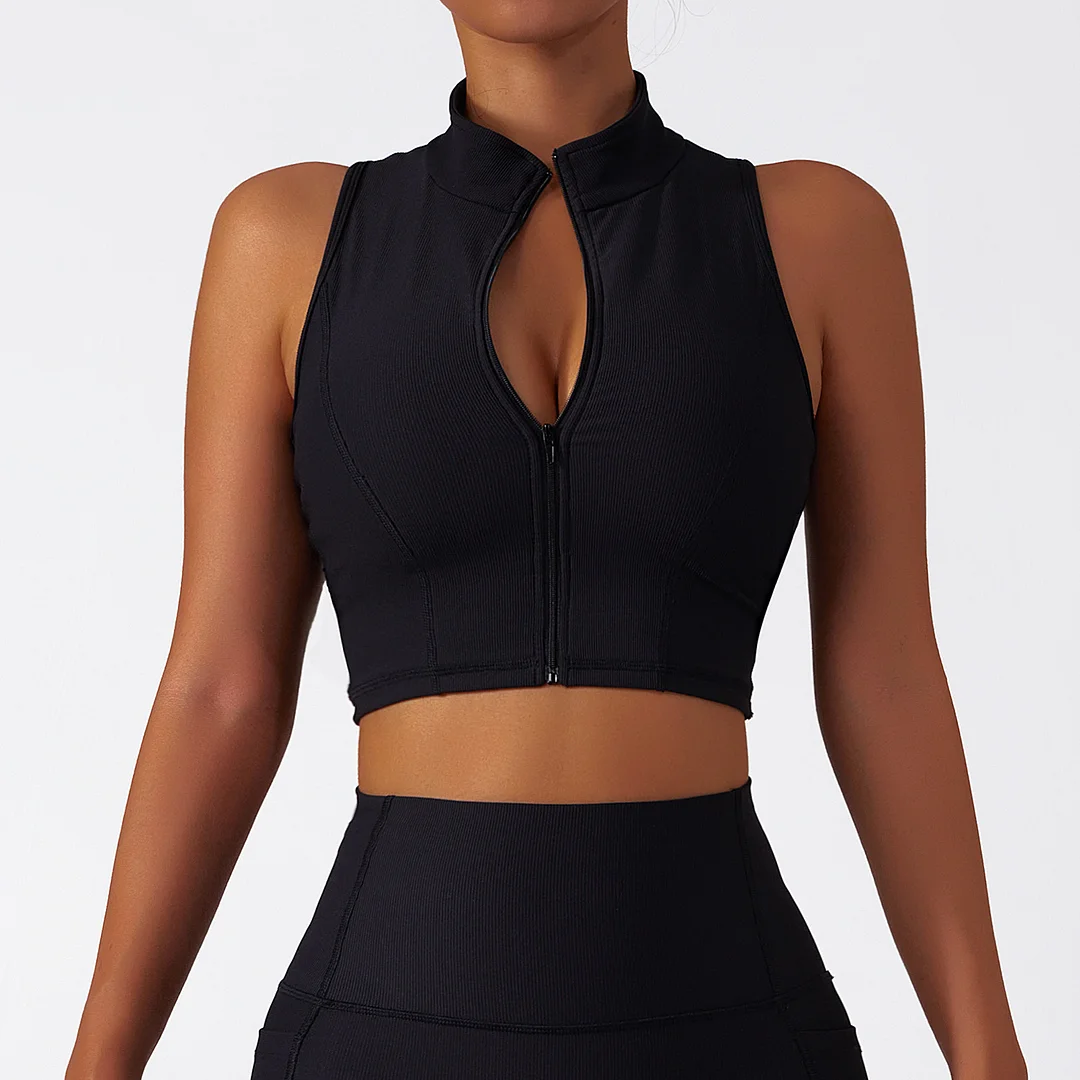 Zipped stand collar solid color sports bra