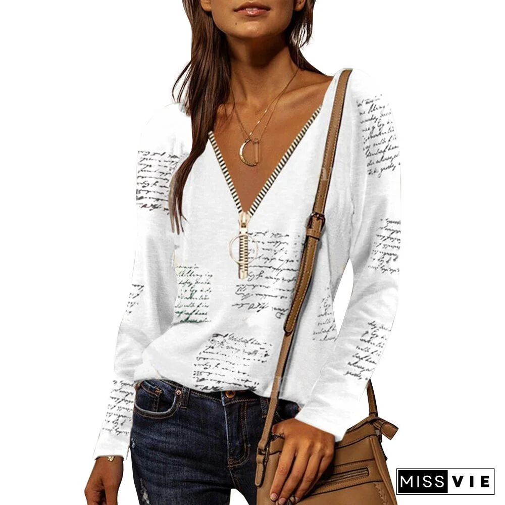 Spring Autumn V-neck Zipper T-shirt Letter Printing Long Sleeve Tops Women Casual Loose Tee Office Lady Elegant Tops D30