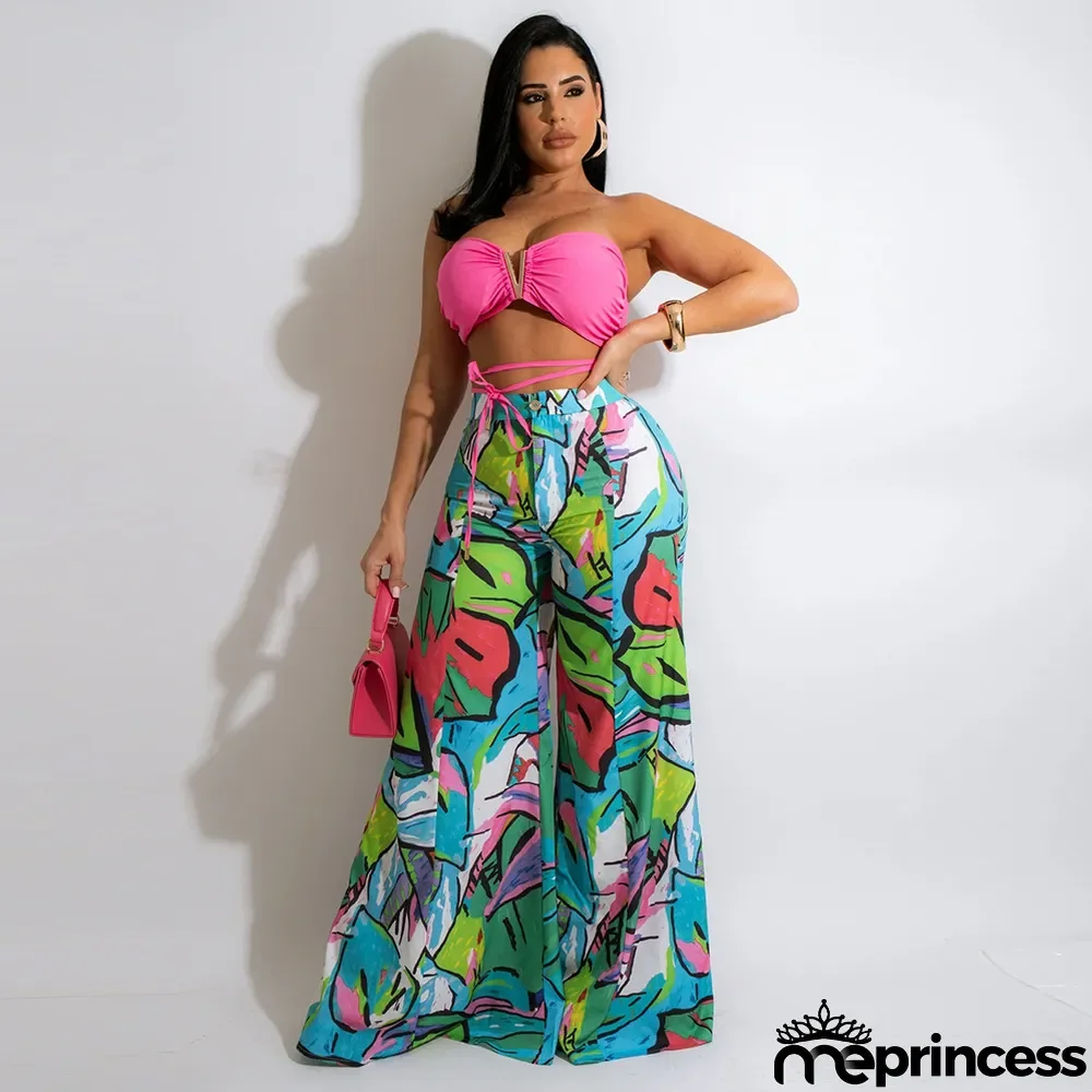 Fashion Casual Wrap Chest Print Wide Leg Pants 2 Piece Sets
