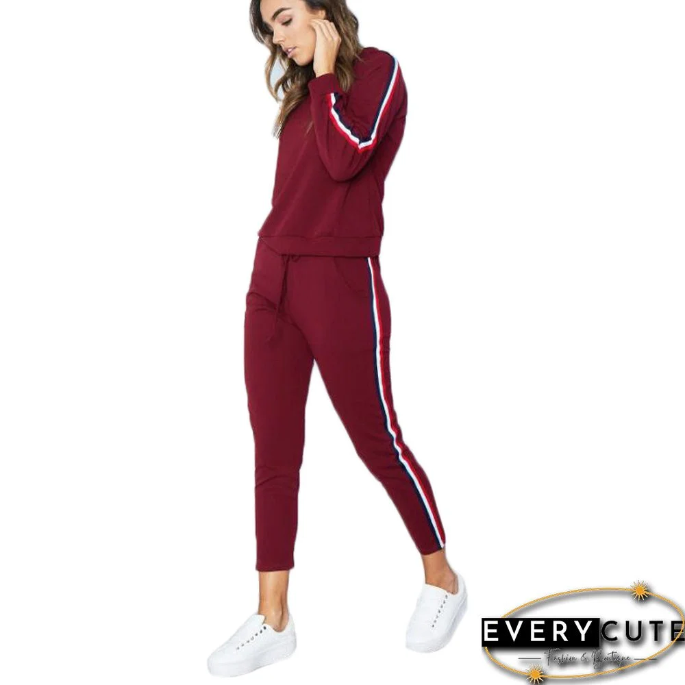 Wine Red Side Striped Sweatshirt with Pant Set
