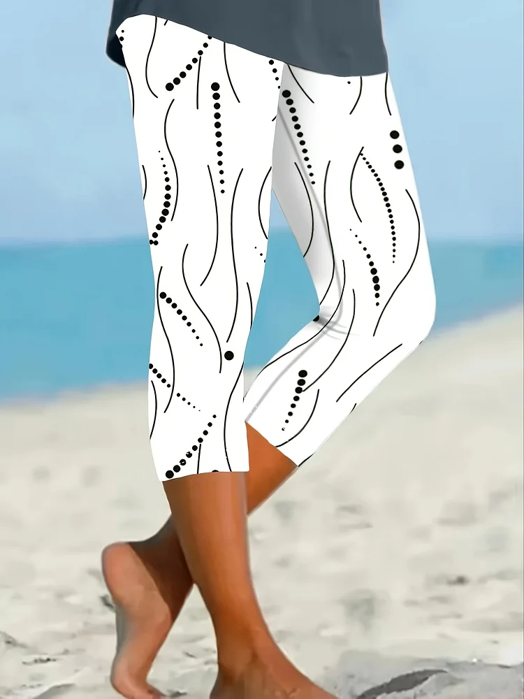 Women's High-Waisted Slim-Fit Leggings With Abstract All-Over Print - Medium-Stretch Machine-Washable Yoga Pants For Casual Wear & Beach Outings, Black & White Design