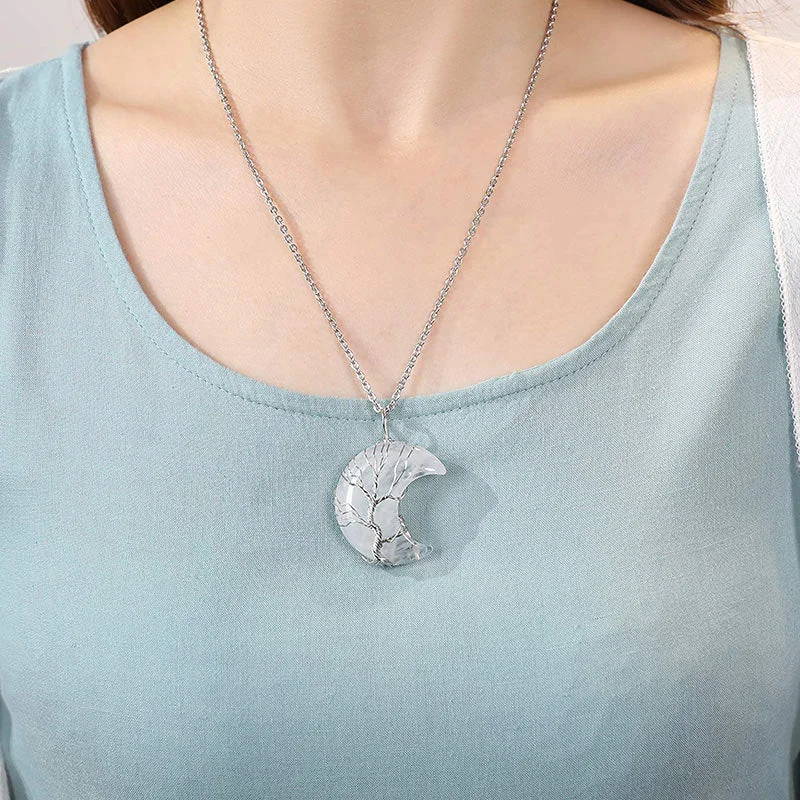 Natural Quartz Crystal Moon Tree Of Life Healing Energy Necklace Pendant