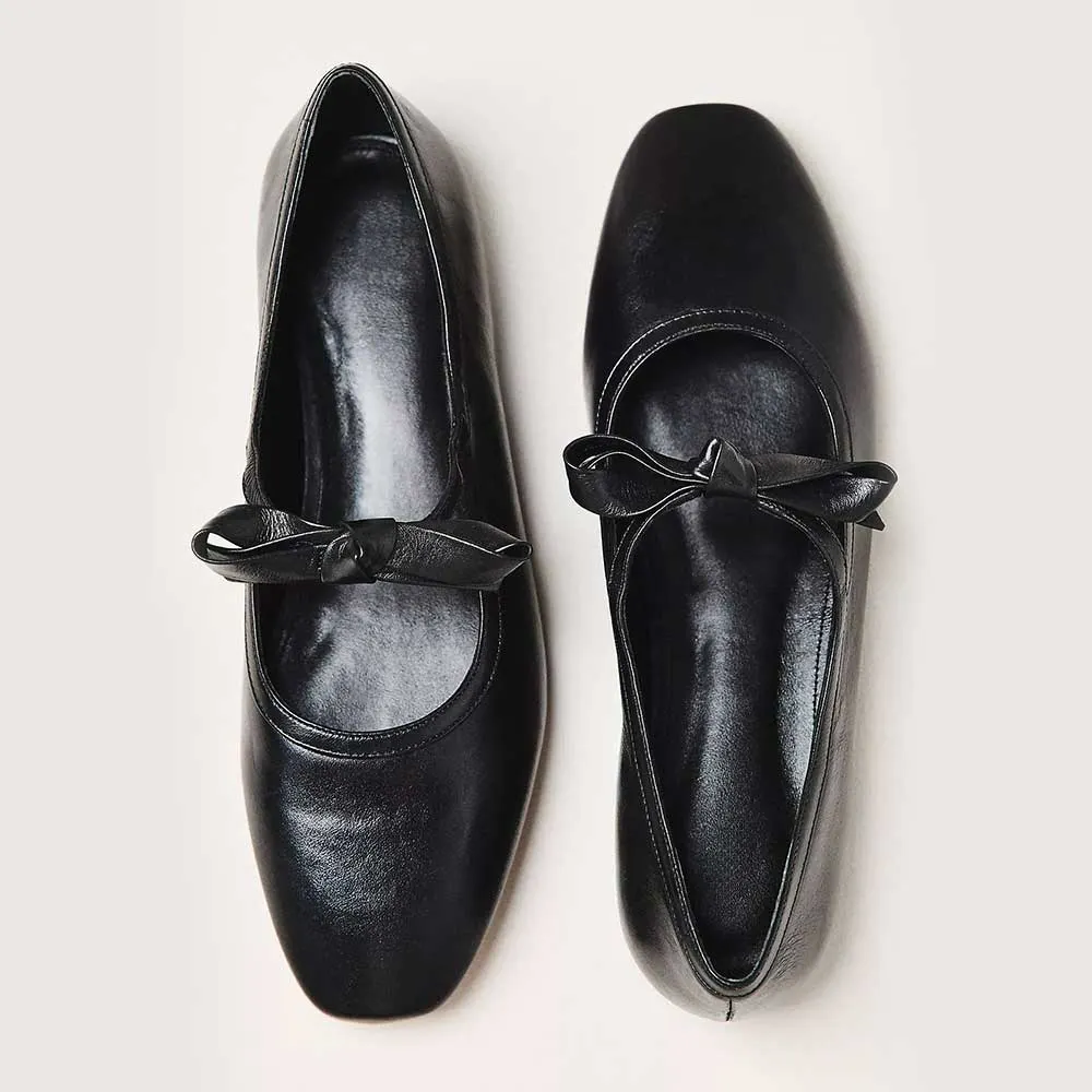 Women's Black Square Toe Bow Mary Jane Ballet Flats with a Strap