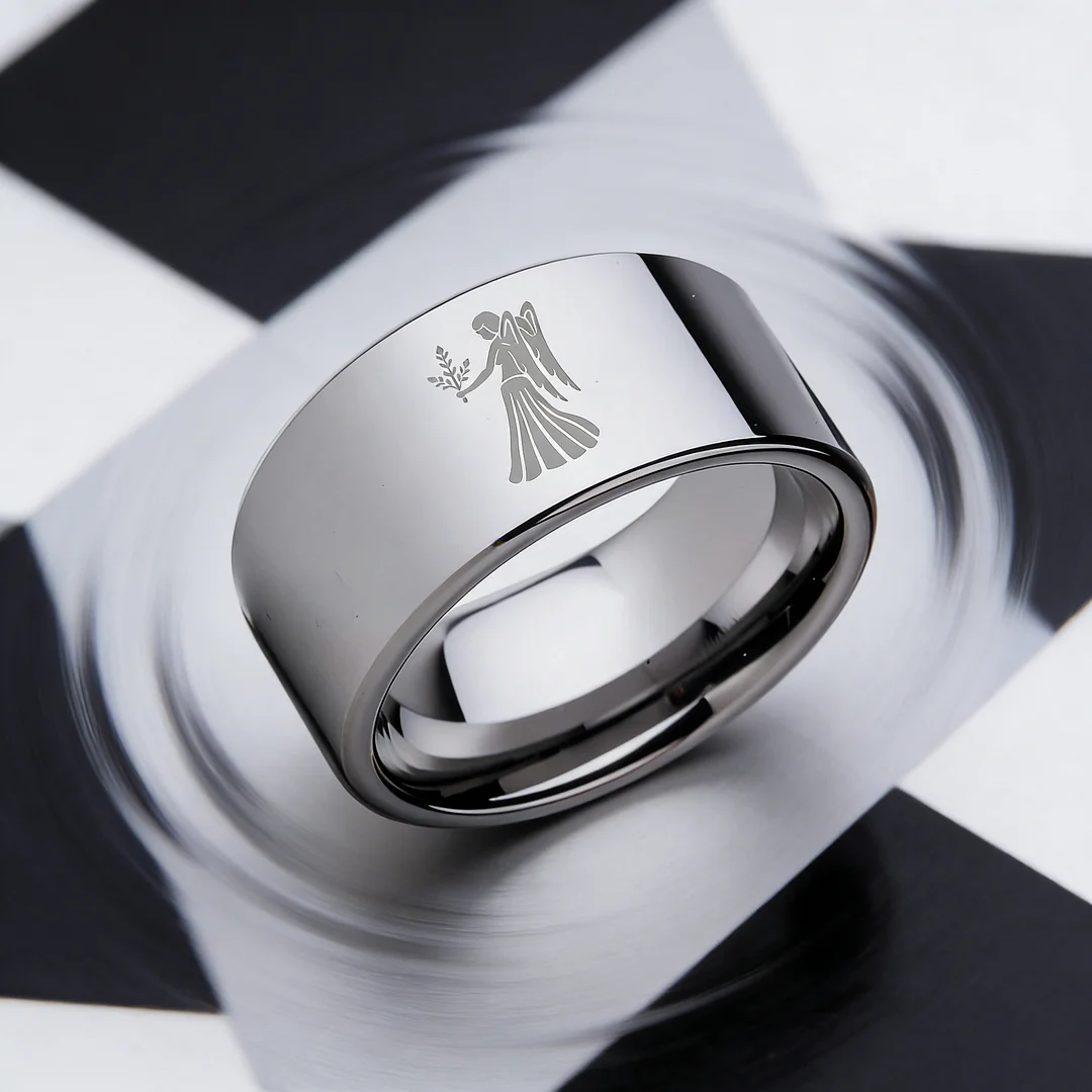 4MM 6MM 8MM 10MM Width Silver Flat Tungsten Wedding Bands Zodiac Virgo Laser Couple Tungsten Carbide Rings