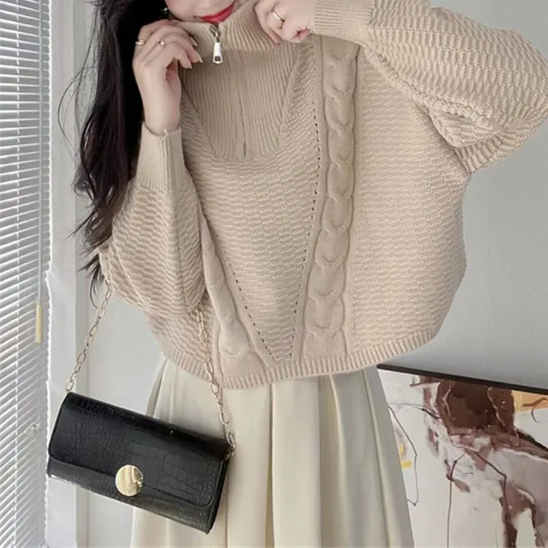 Churchf Churchf Version Of Autumn And Winter Retro Half Zipper Standing Collar Sweater Loose Thin Pure Color Design Sense Short Twist Sweater Woman