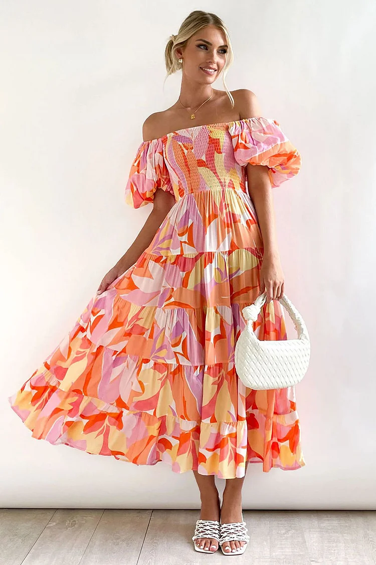 Vacation Off Shoulder Short Bell Sleeve Ruched Tiered Pleated Floral Print Midi Dresses