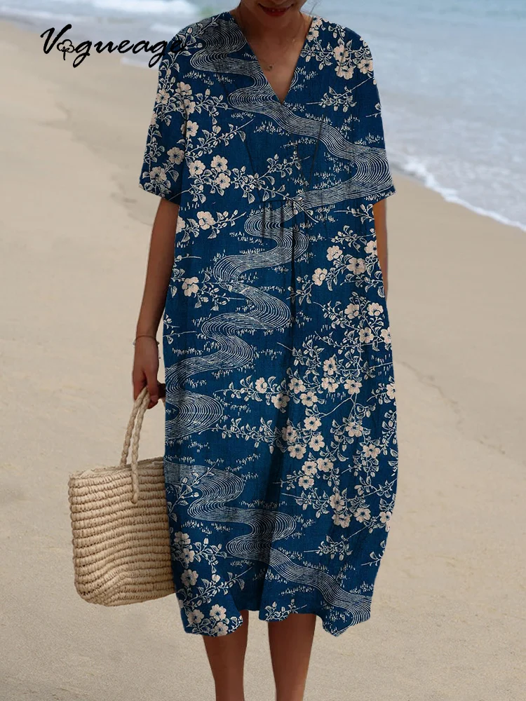 Gentle And Elegant Intellectual Flowers Printed Women's Casual Cotton And Linen Dress