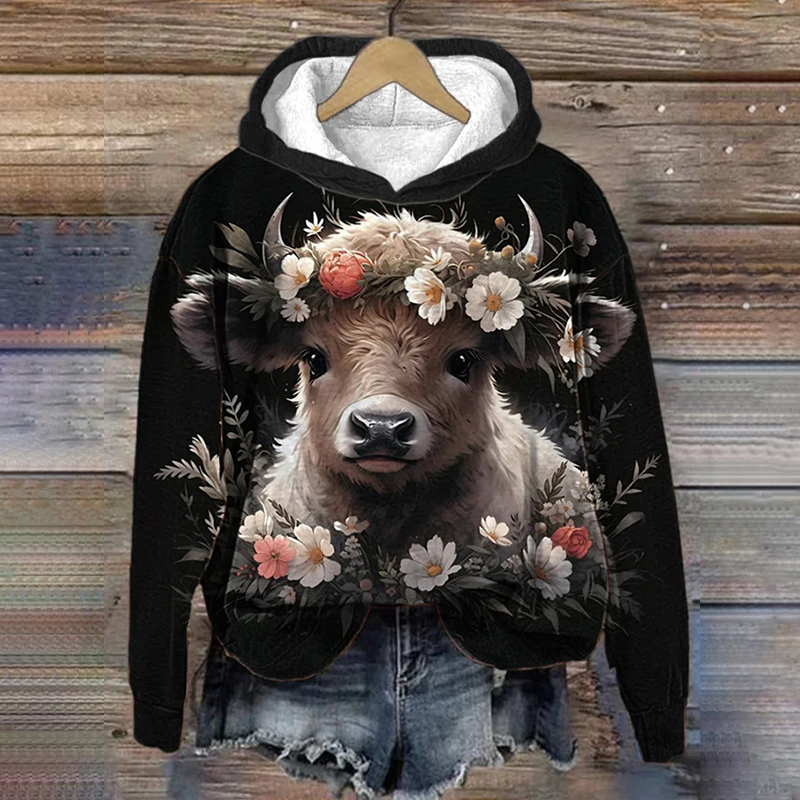 Women's Floral Highland Cow Print Casual Hooded Sweatshirt wearshes