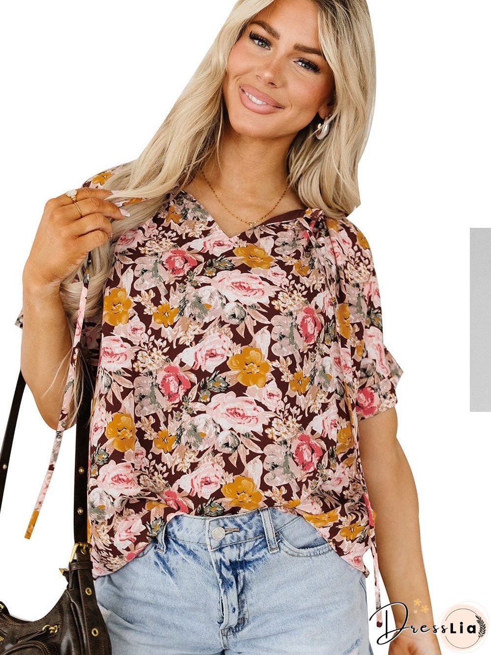 Short Sleeve Floral Blouse with Bubble Hem