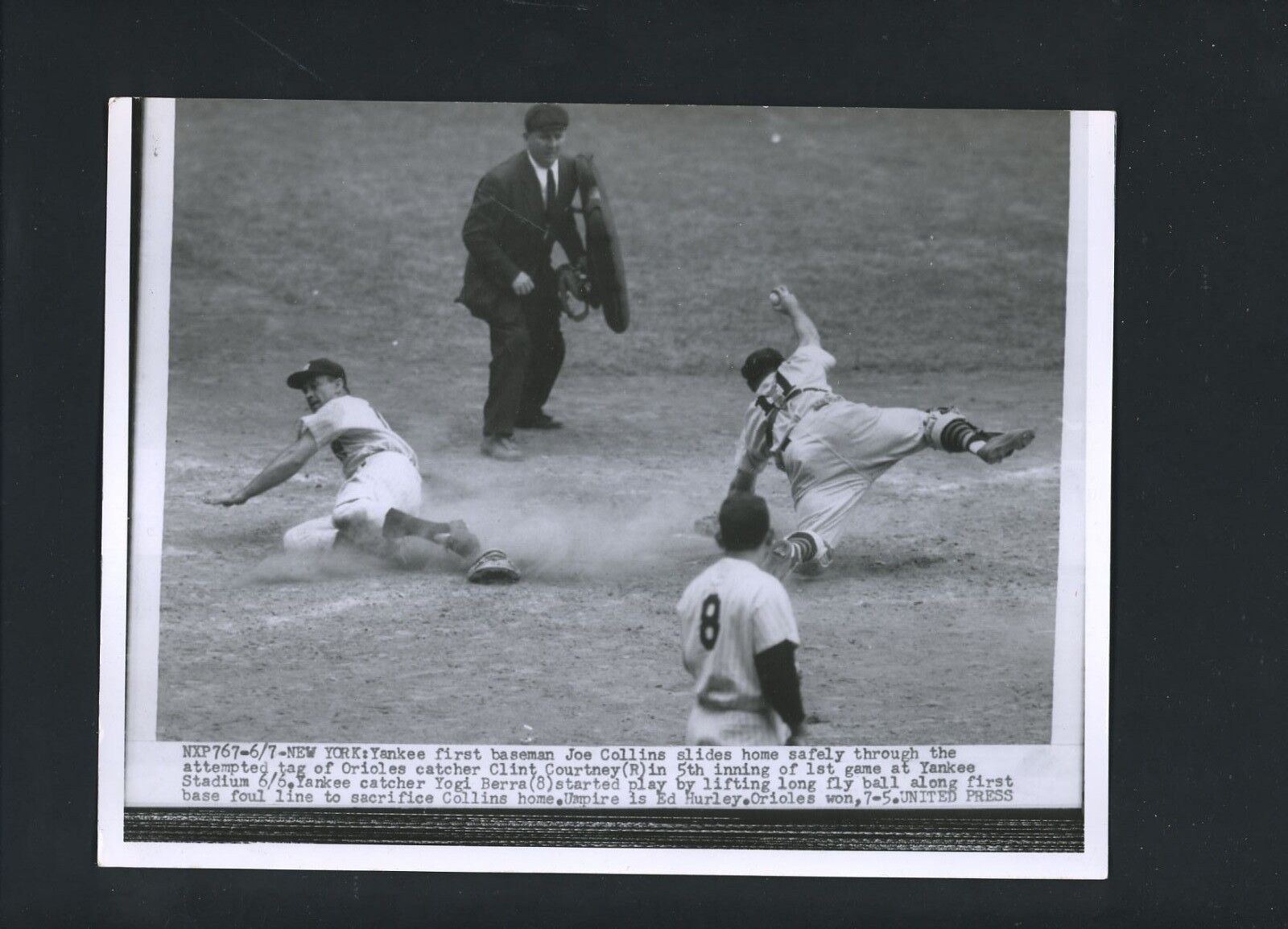 Joe Collins sliding at home plate 1954 Press Photo Poster painting Yankees Berra Clint Courtney