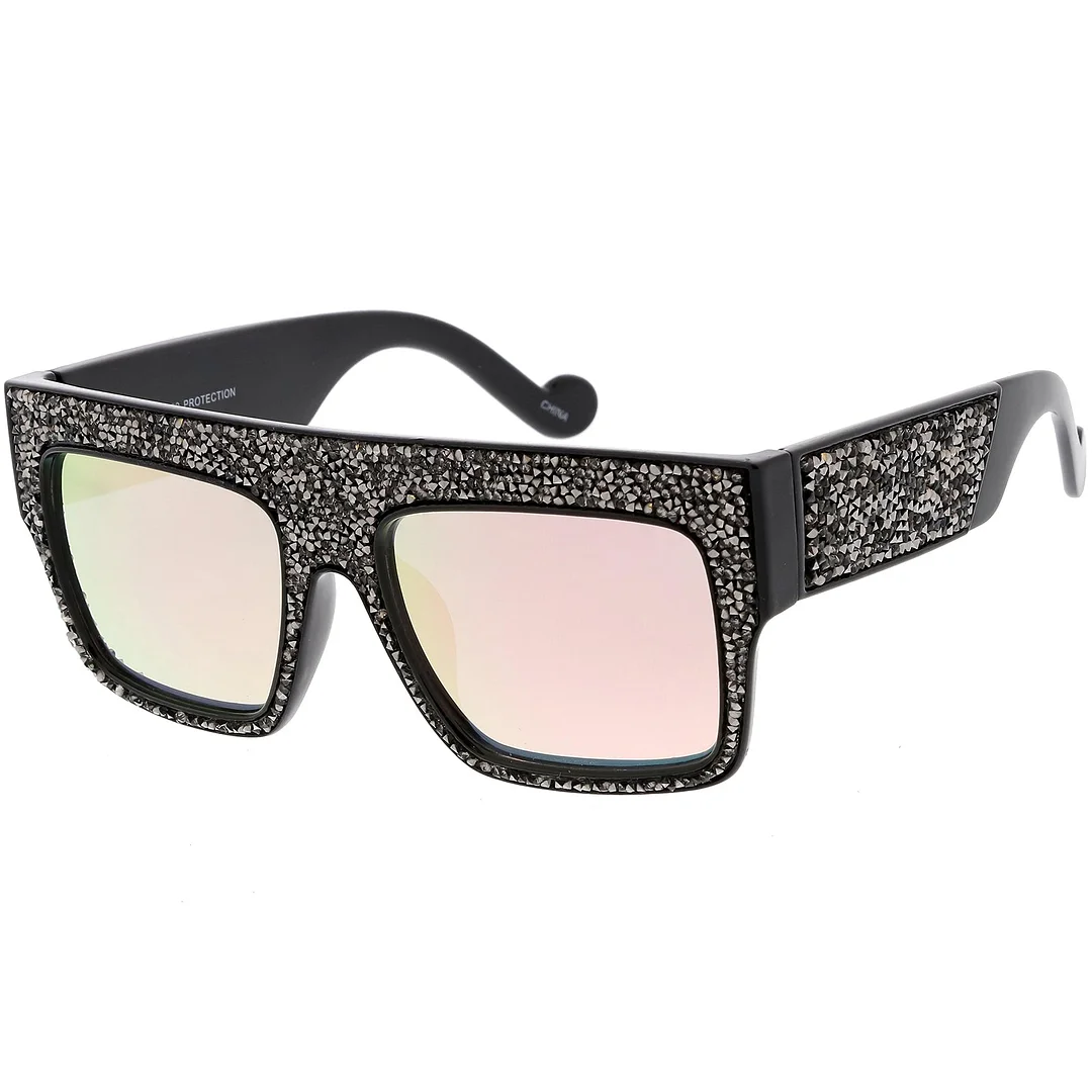 Women's Rhinstone Crystal Flat Top Square glasses Mirrored Lens 57mm