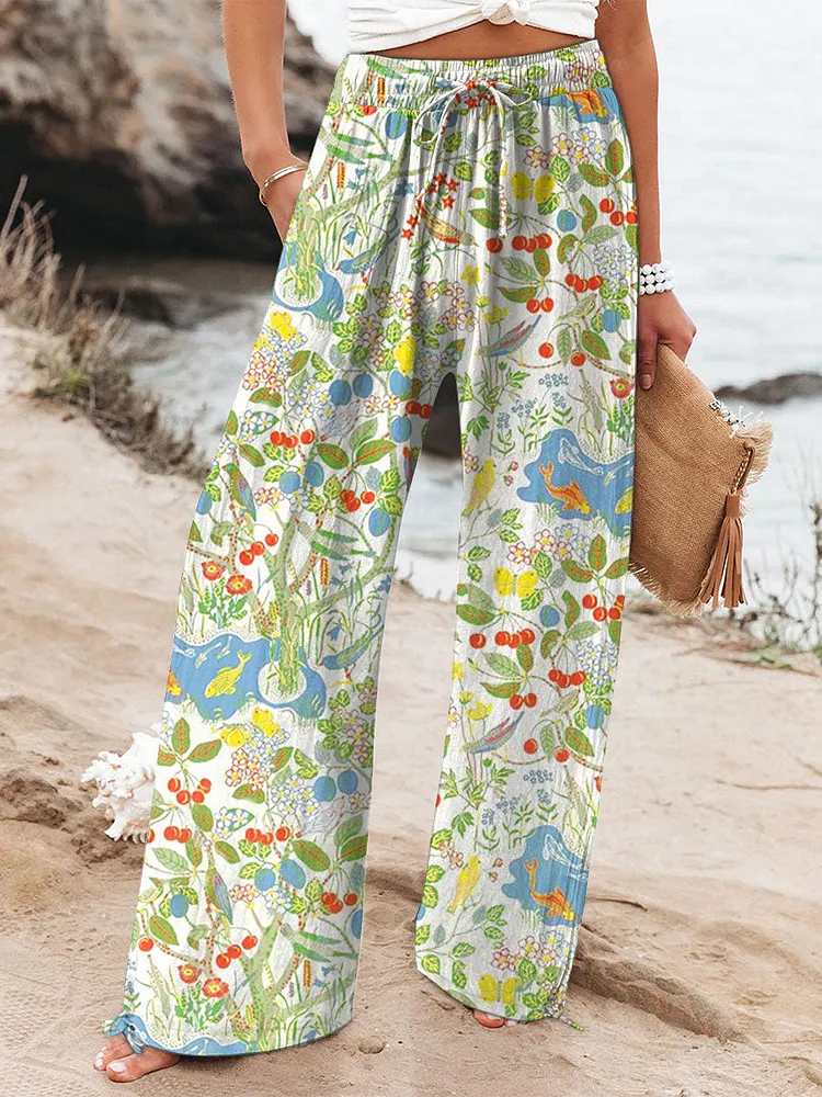 Women's  Vintage Flowers Art  Printed Cotton And Linen Casual Pants