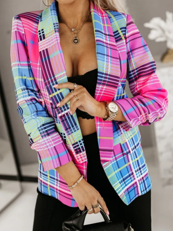 Women's Fashion Small Suit Plaid Print Jacket Flusfy
