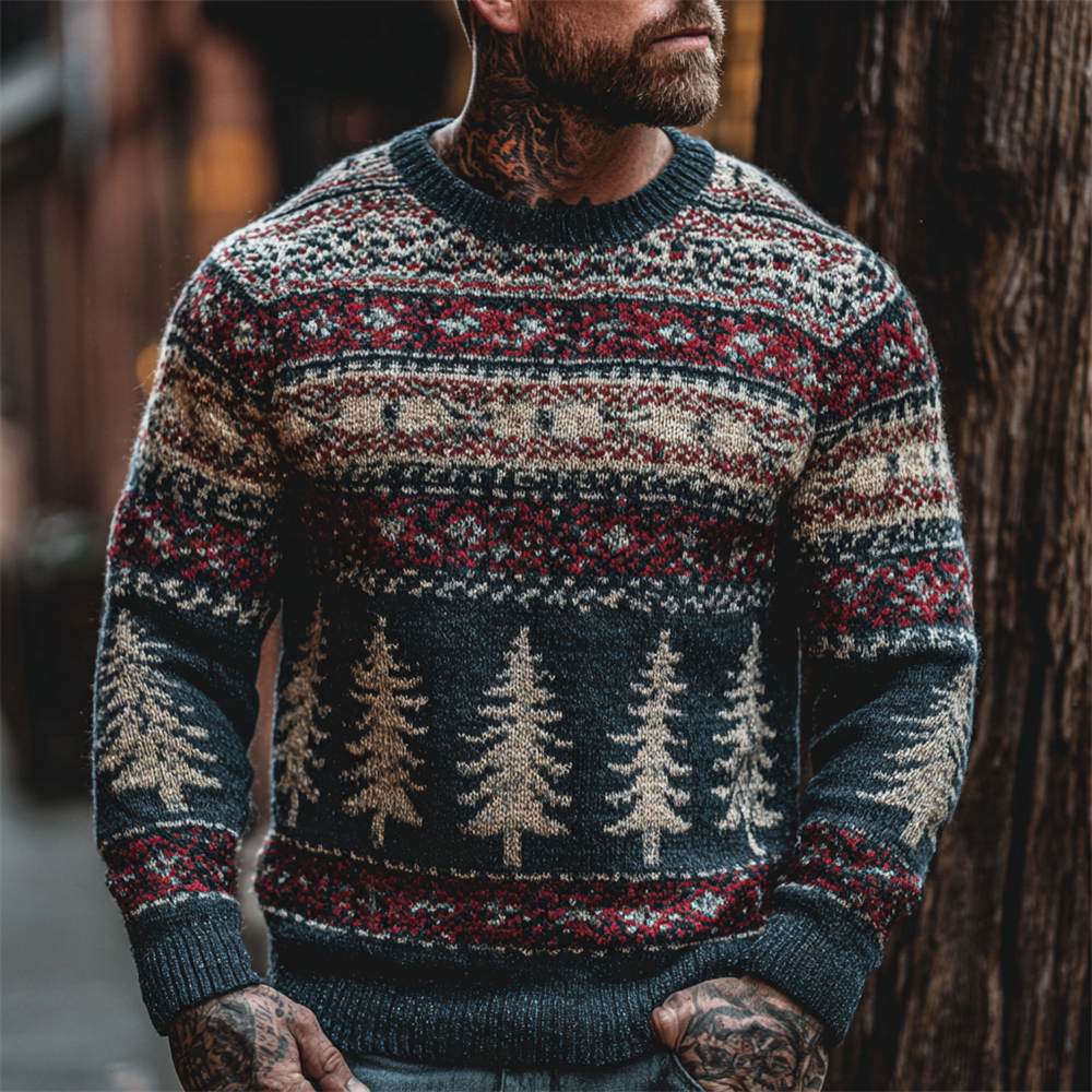 Retro Christmas Tree Stripe Design Men's Icelandic Sweater elevenforest