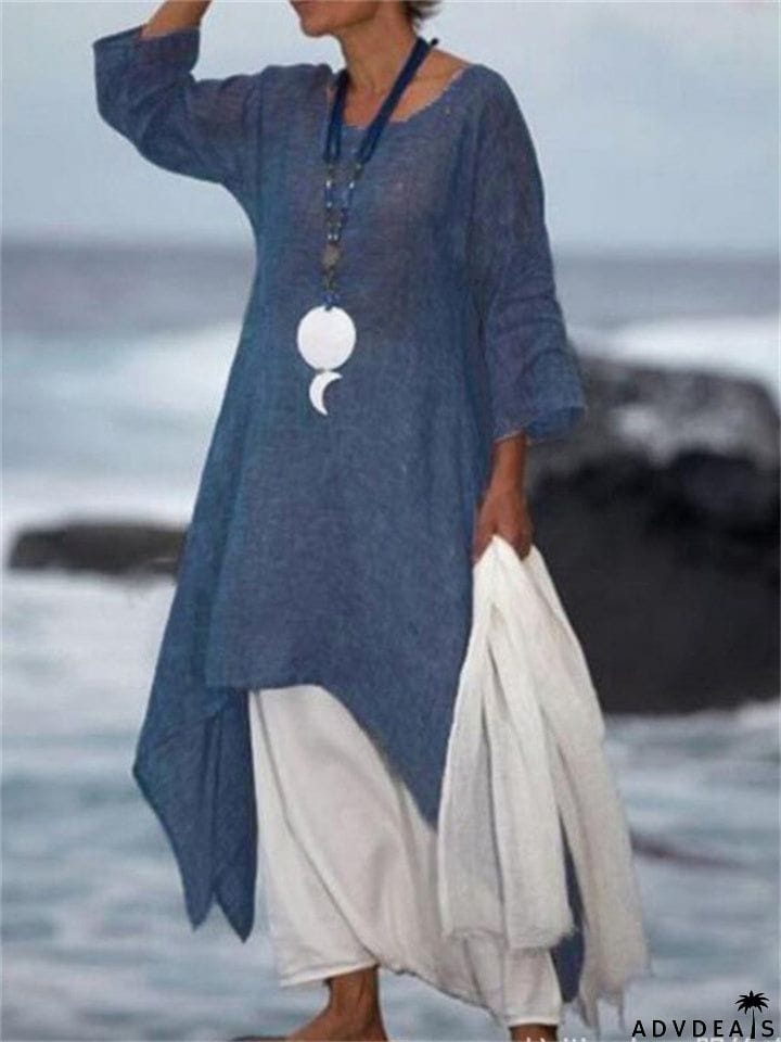 Vintage Asymmetric 3/4 Sleeve Crew Neck Linen Plus Size Dress
