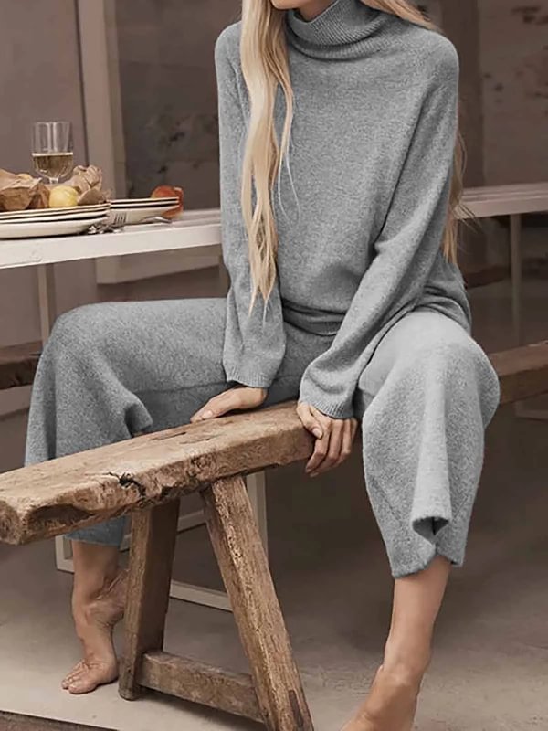 Simple Solid Color High-Neck Knitting Two Pieces Set