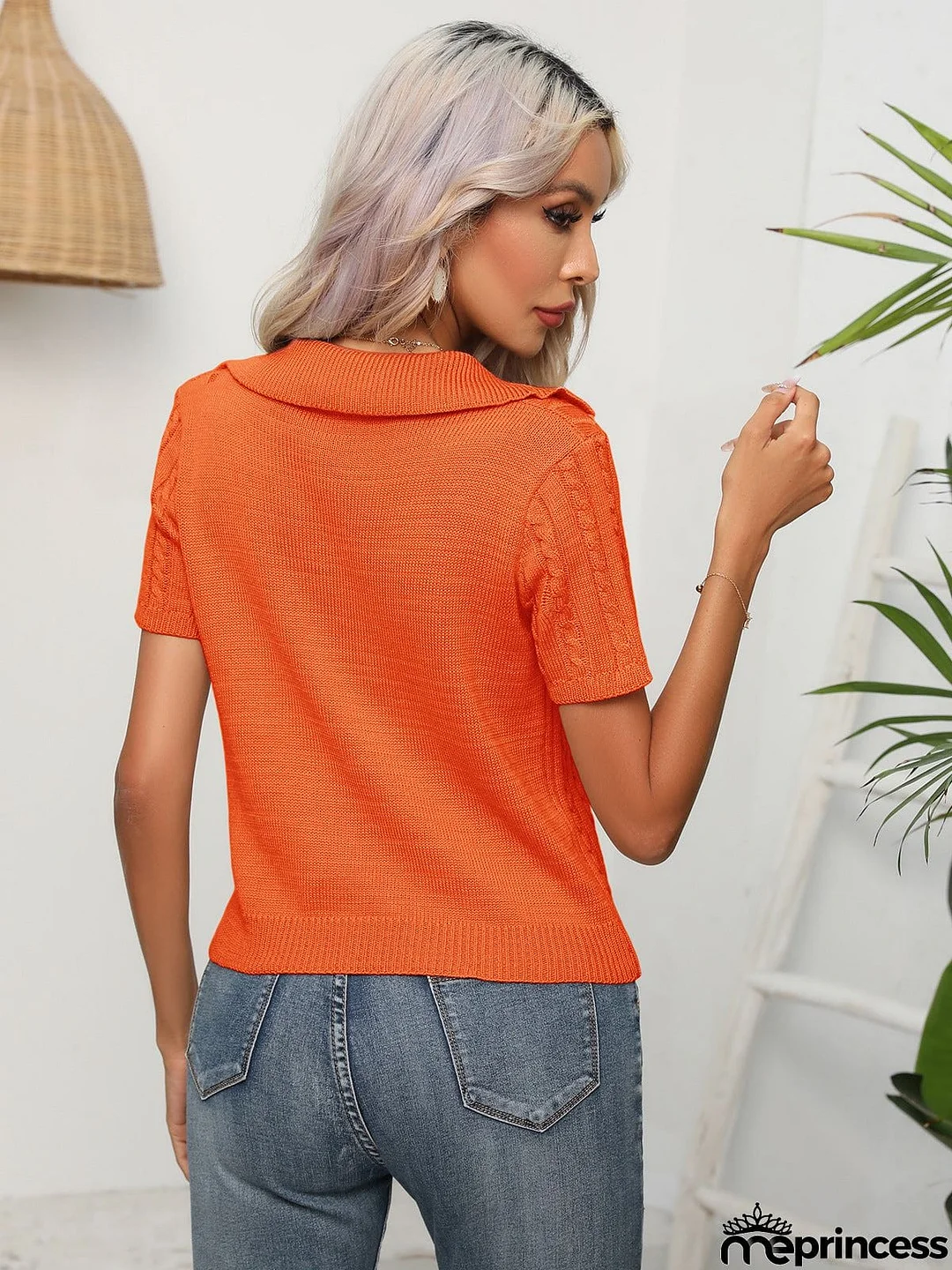 Cable-Knit Johnny Collar Short Sleeve Knit Top