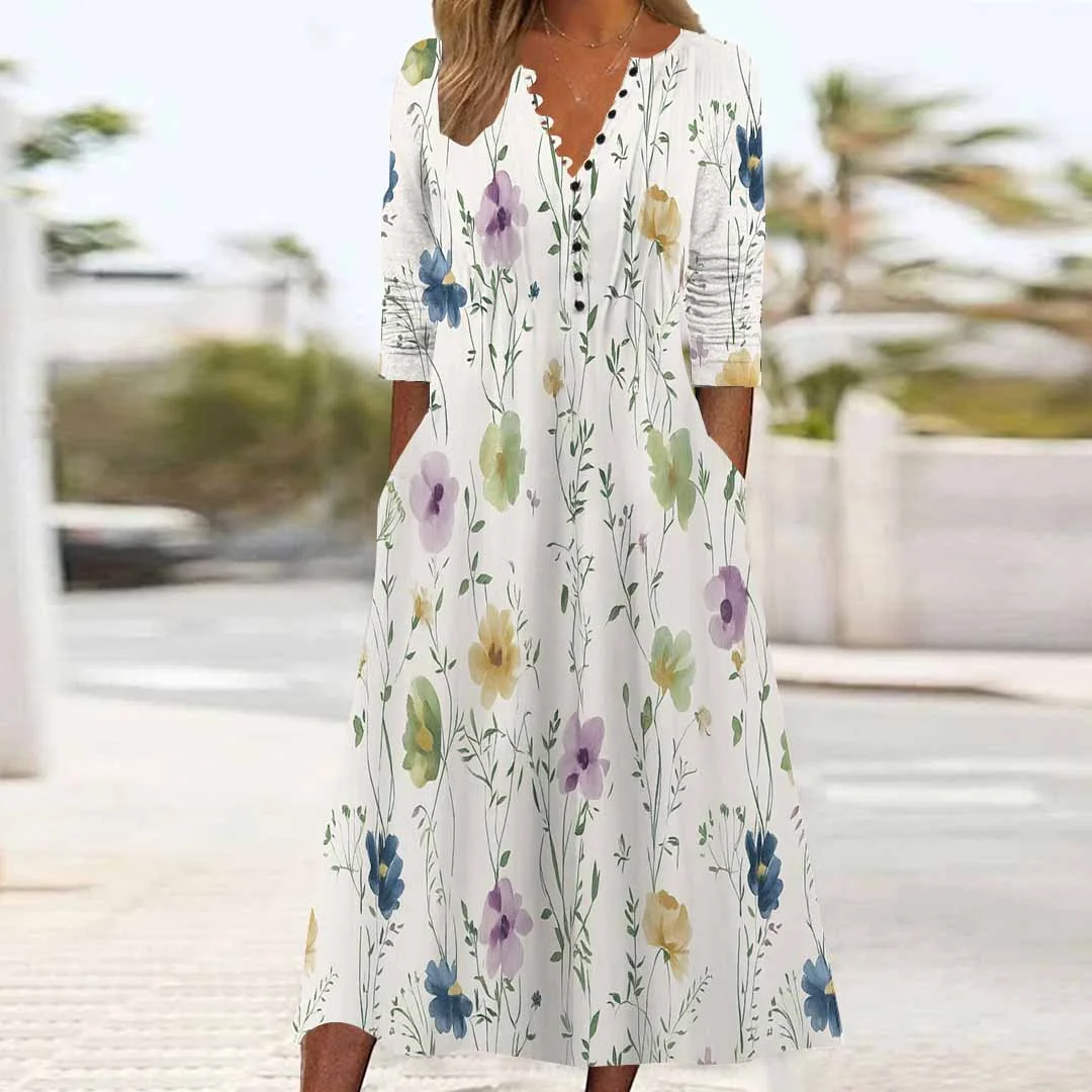 Women Floral,White DZHB8313 Long Sleeve V-Neck Graphic Printed Midi Dress