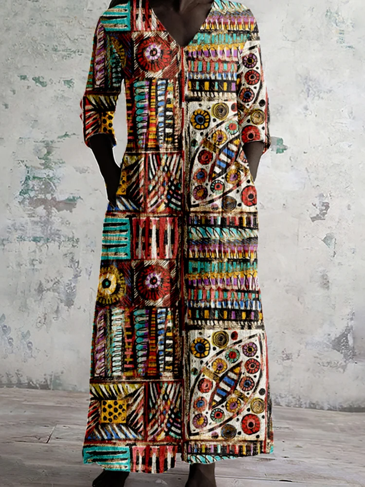 Vintage African Ethnic Graphic Linen Blend Maxi Dress