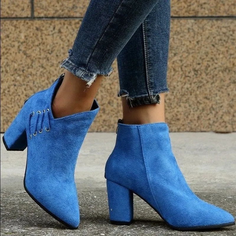 2021 winter new women's leather boots women's shoe PU pointed fashion boots rubber thick heel zipper suede chaussure femme talon