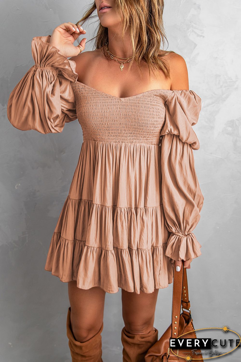 Pink Boho Solid Shirred Ruffle Mini Dress
