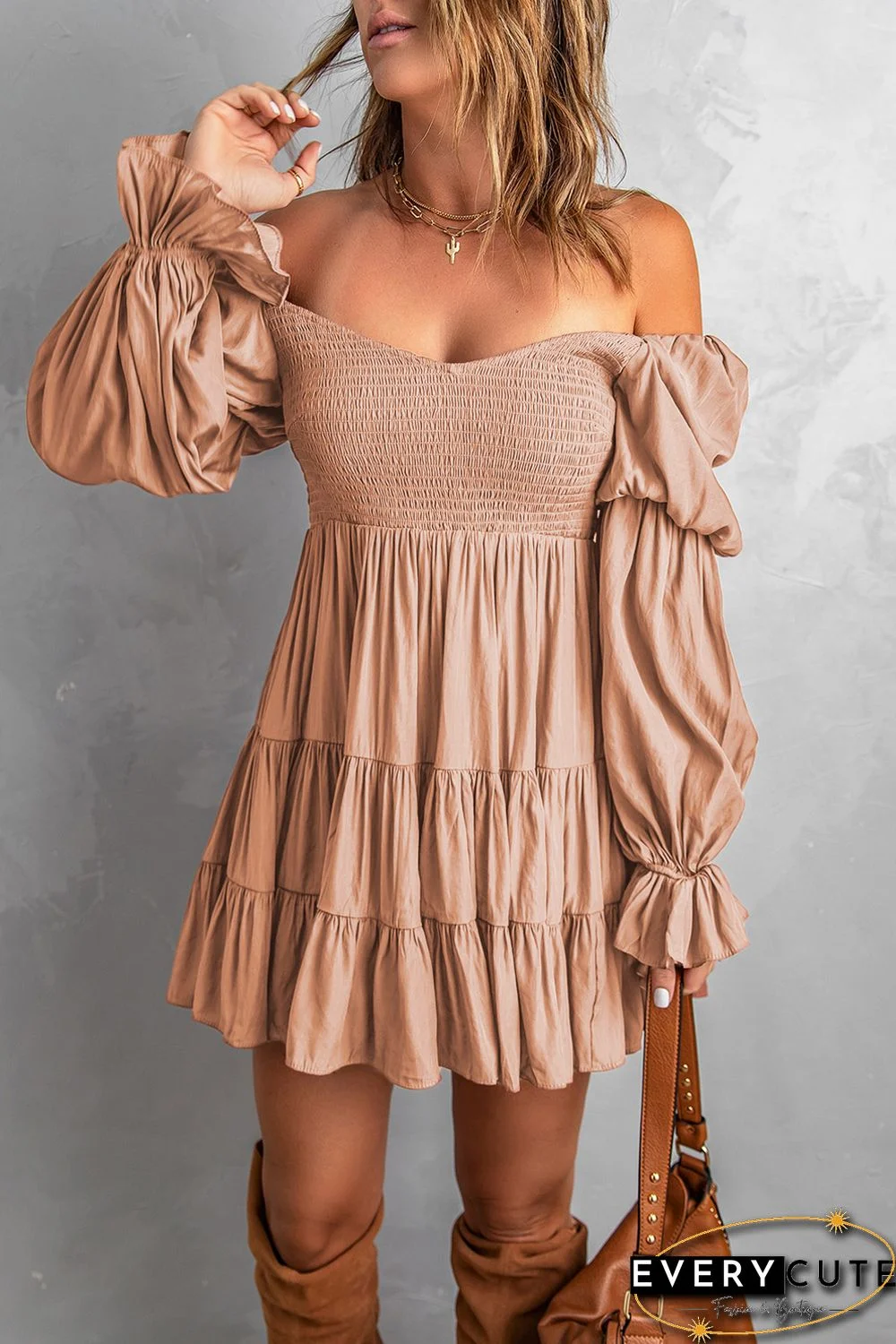 Pink Boho Solid Shirred Ruffle Mini Dress