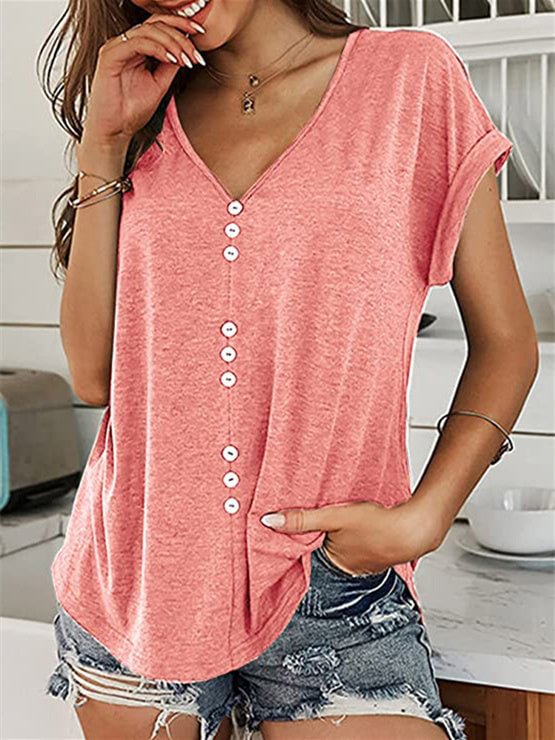 Women's Short Sleeve V-neck Buttons Pure Color Top