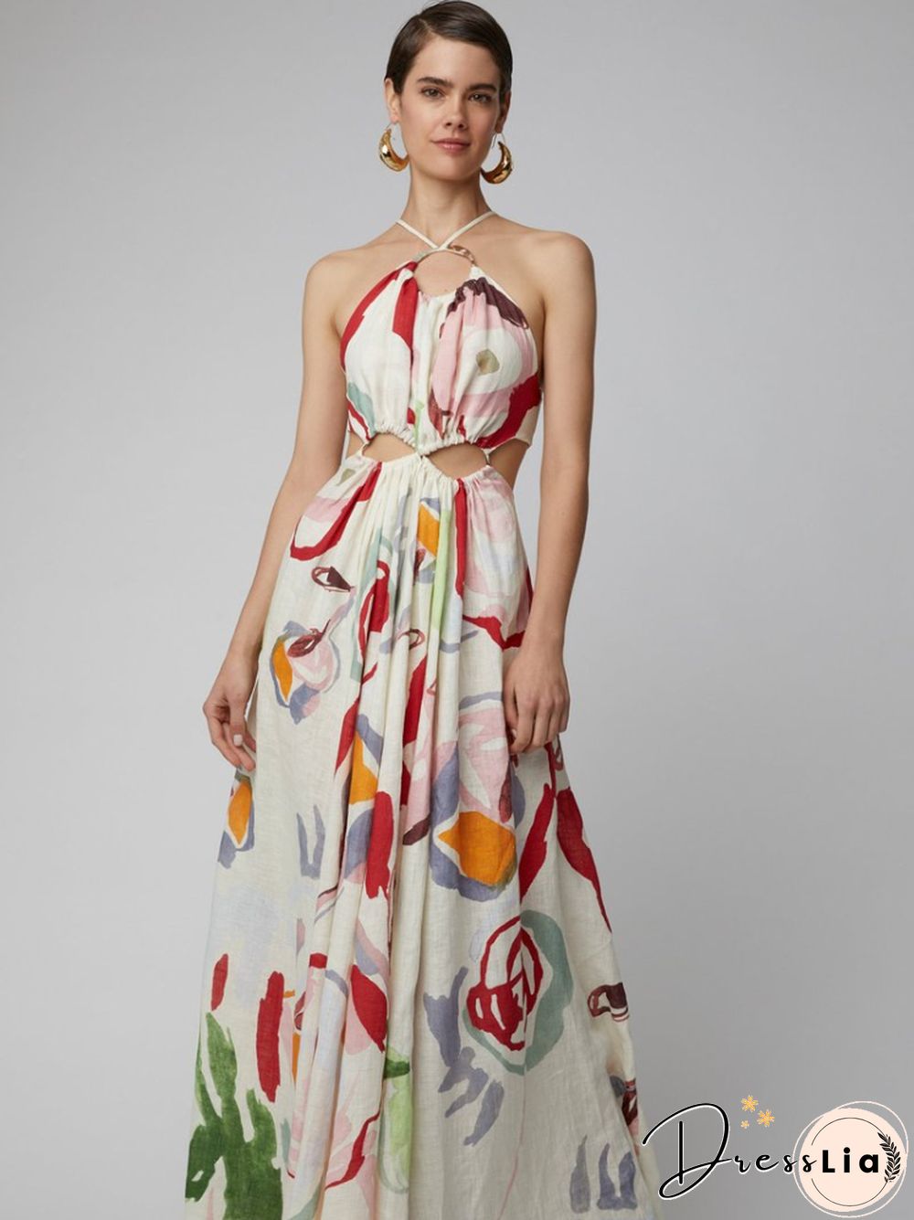 New Ladies Halter Neck Slim Fit Swing Print Fit Flared Skirt Beach Style Ladies Fashion Long Dress Sexy Nightclub Party Dress