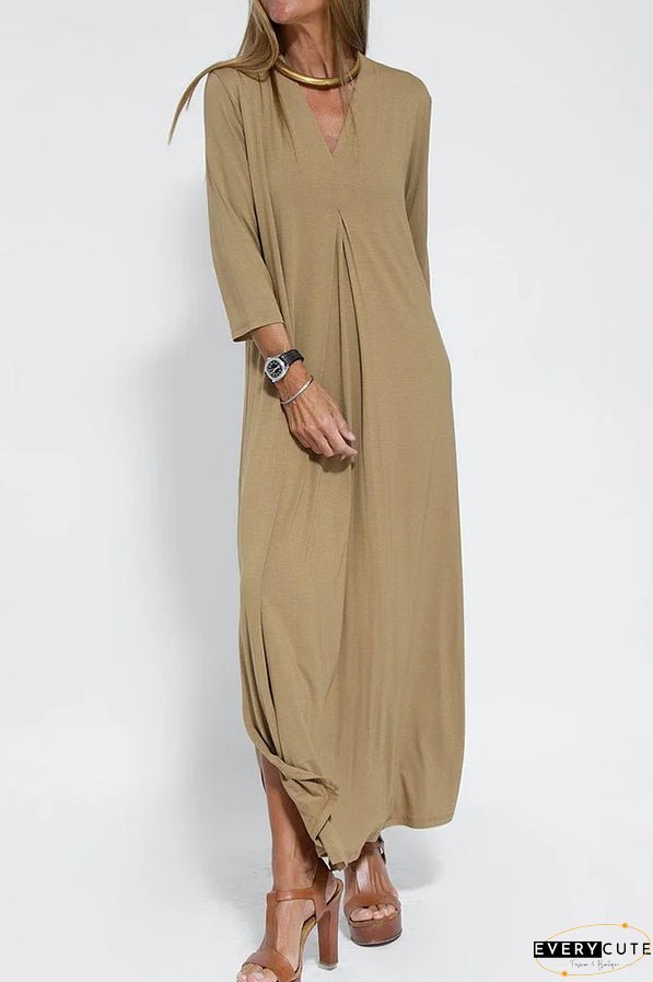 Women Casual V Neck Solid Color Maxi Dress