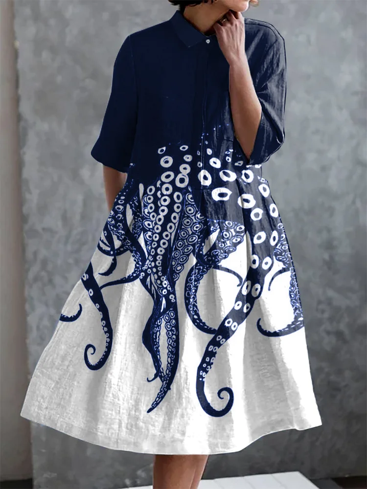 Vintage Octopus Print Casual Elegant Pocket Half Sleeve Dress