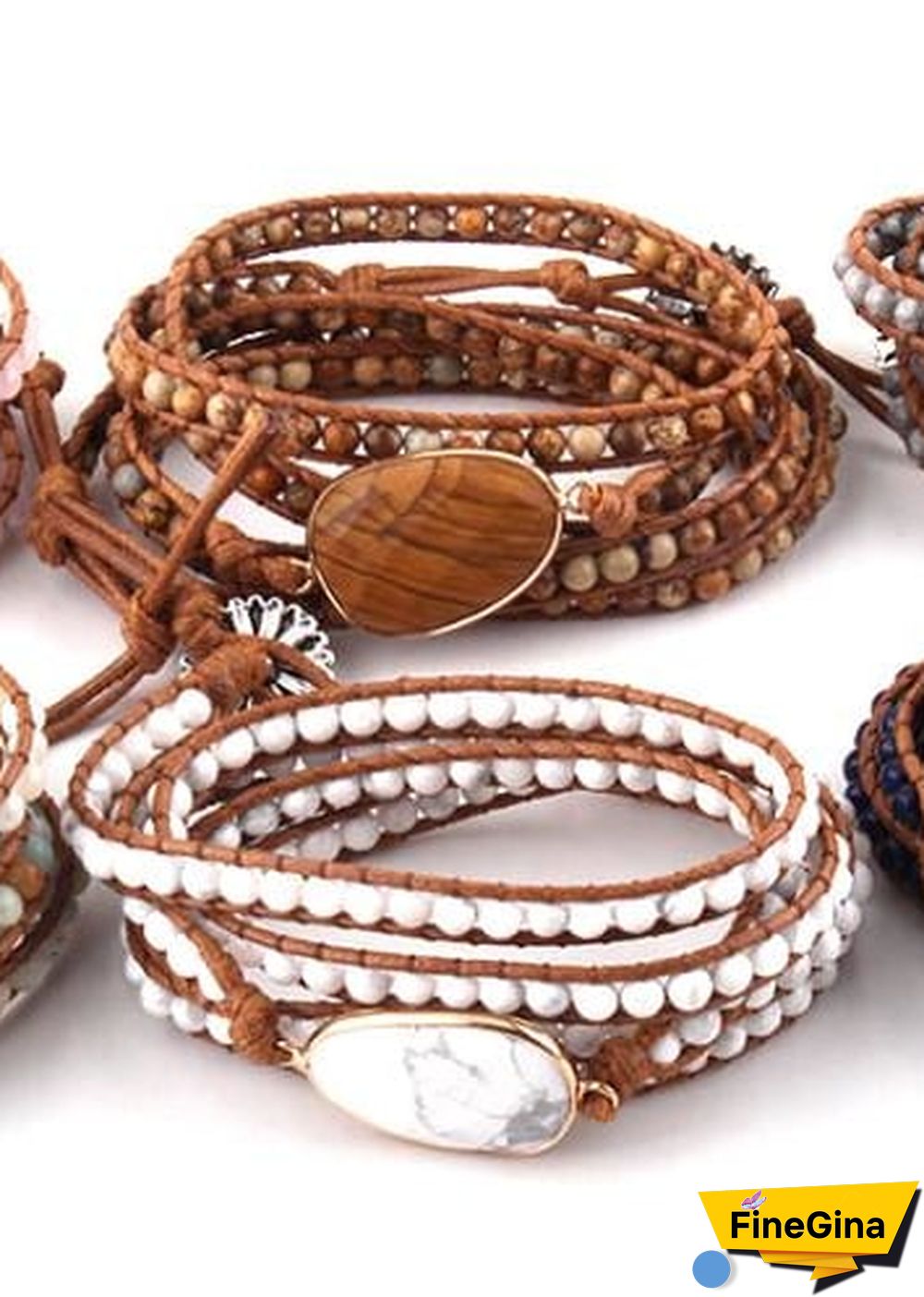 Boho Bracelet, RH 5 Layers Leather Wrap Bracelet, Natural Stones, Navy Lapis