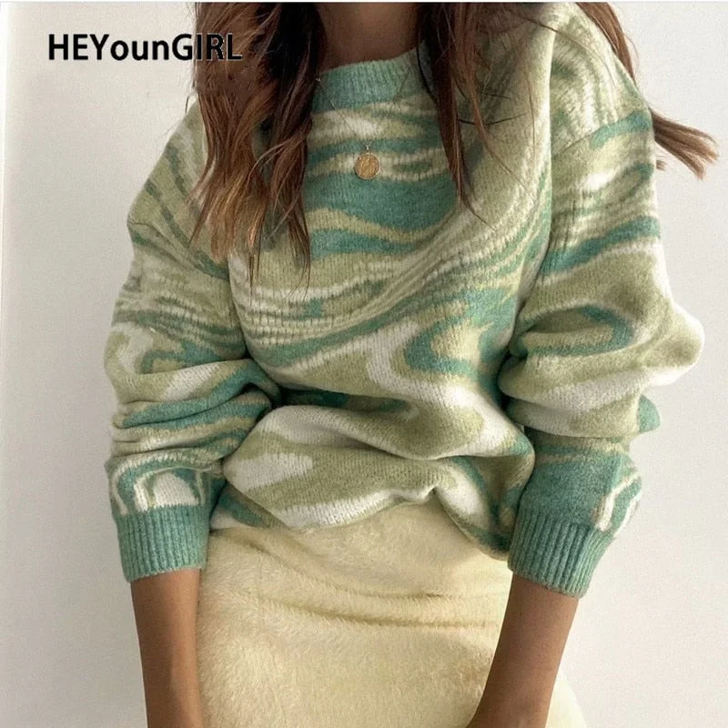 HEYounGIRL Print Vintage Elegant Knitted Sweaters Womens Autumn Winter Long Sleeve Green Jumpers Fashion Y2K Casual Pullovers