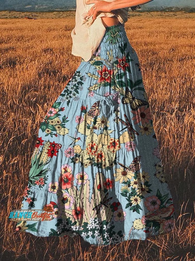 Women’s Retro Western Cactus Print Cotton Pocket Skirt Multicolor / S