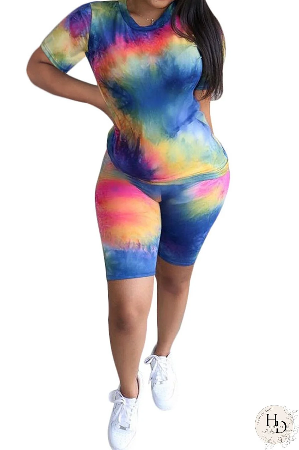 Blue Fashion Casual Active Print Tie Dye Short Sleeve Two Pieces