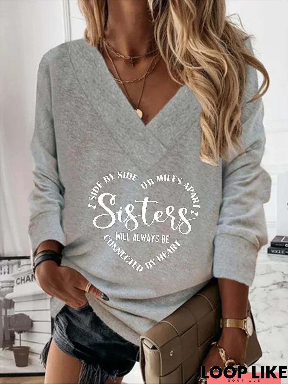 Casual V Neck Loose Text Letters Long Sleeve Sweatshirt