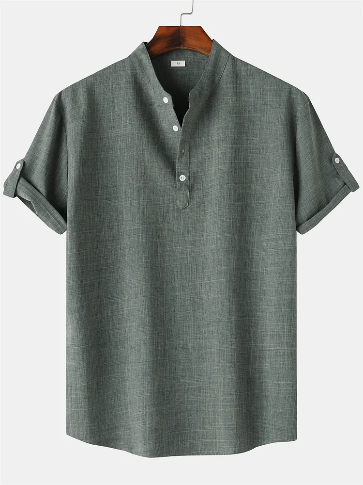 Men's Cotton And Linen Stand Collar Basic Casual Short-sleeved Shirt