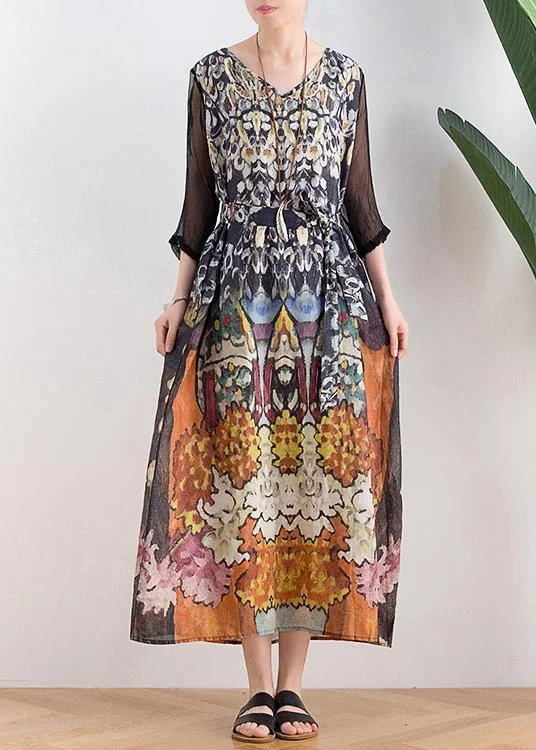 Fitted Print Patchwork Three Quarter Sleeve Ankle Summer Chiffon Dress
