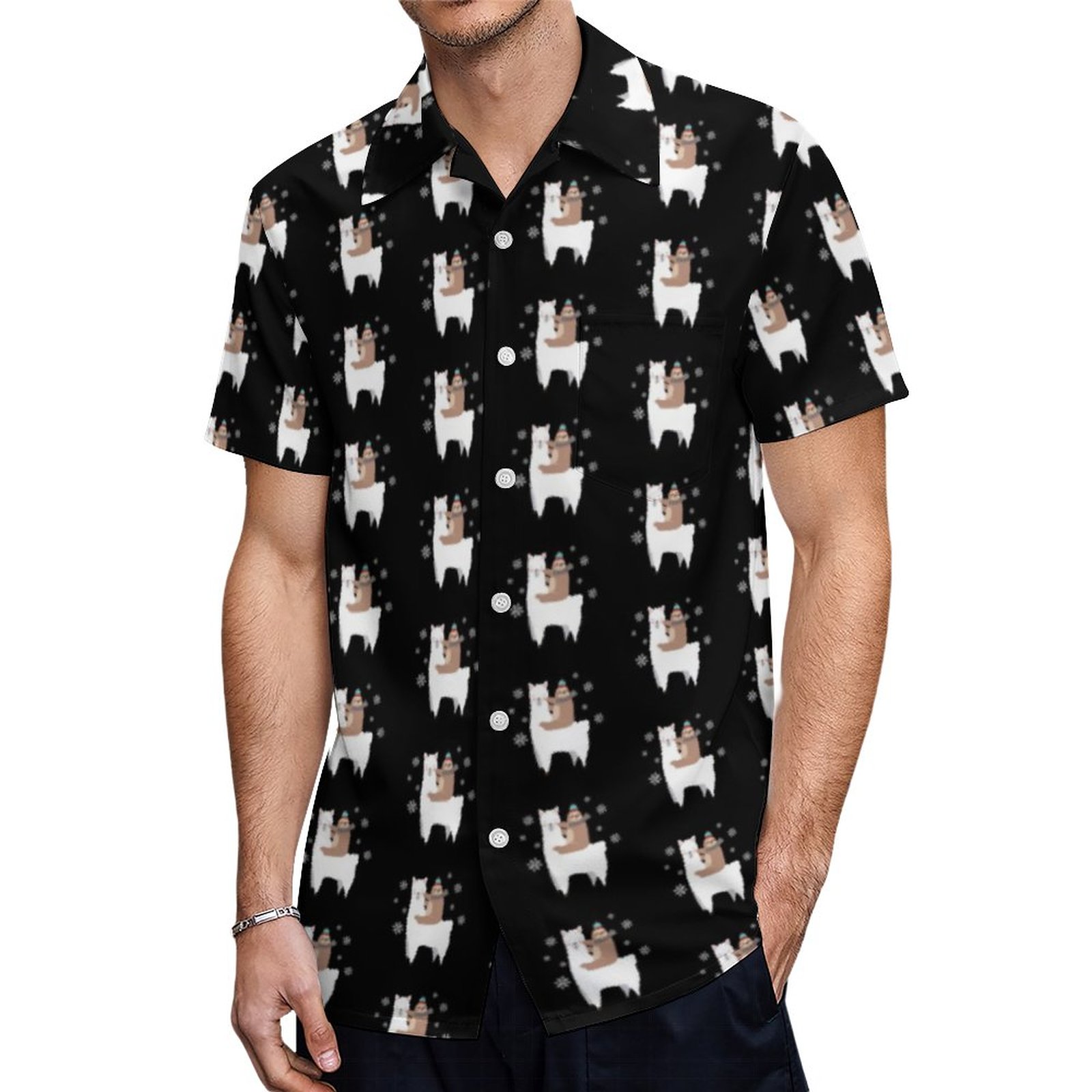 Sloth Riding Llama Funny Christmas Scarf Santa Hat Hawaiian Shirt Mens Button Down Tropical Hawaii Beach Shirts