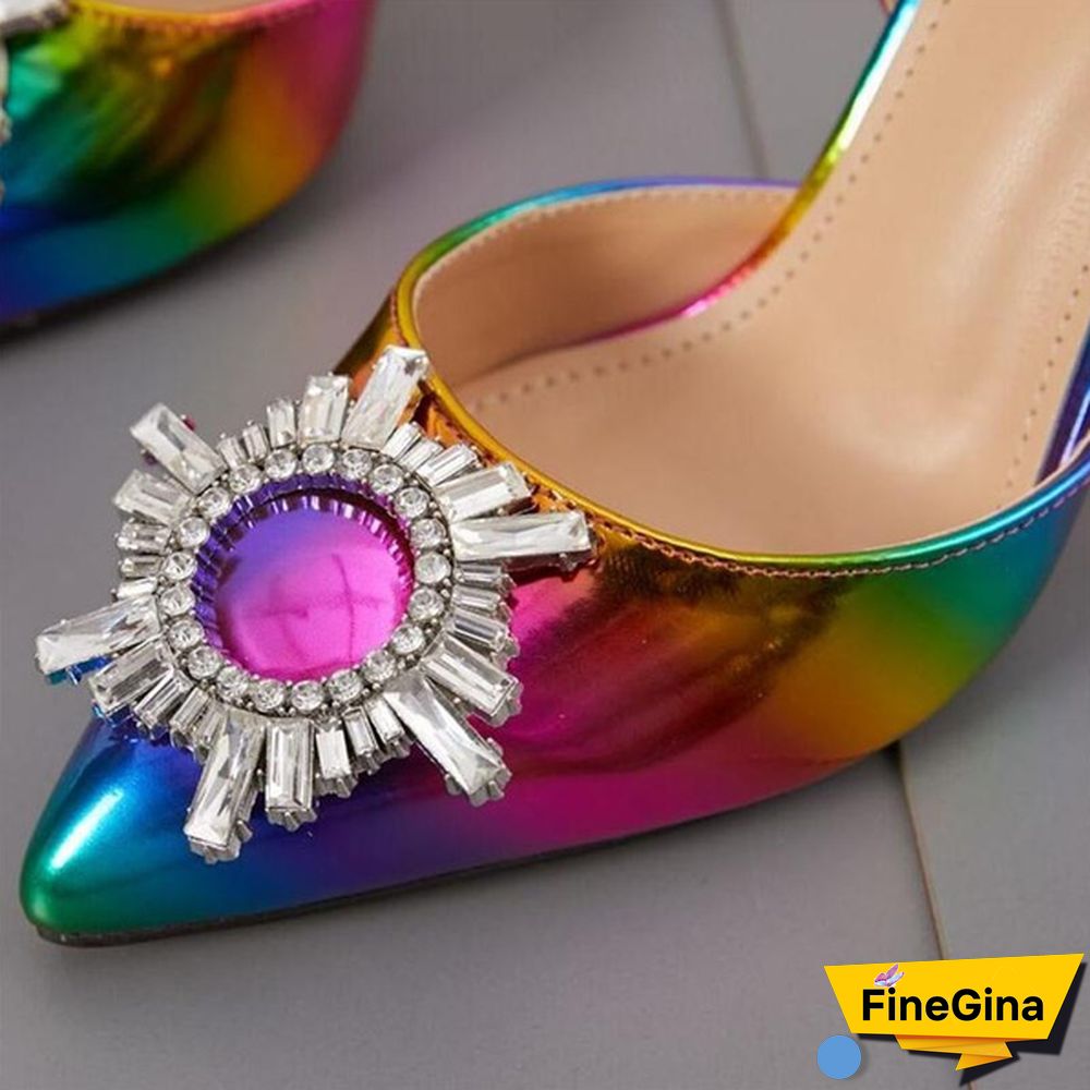 Spring Rainbow Color Woman Pumps Sexy Diamond Crystal Sun Flower Spike Pointed Toe High Heel Sandals Dress Shoes
