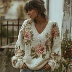Vintage Pink Floral V Neck Cozy Knit Sweater - Image 2