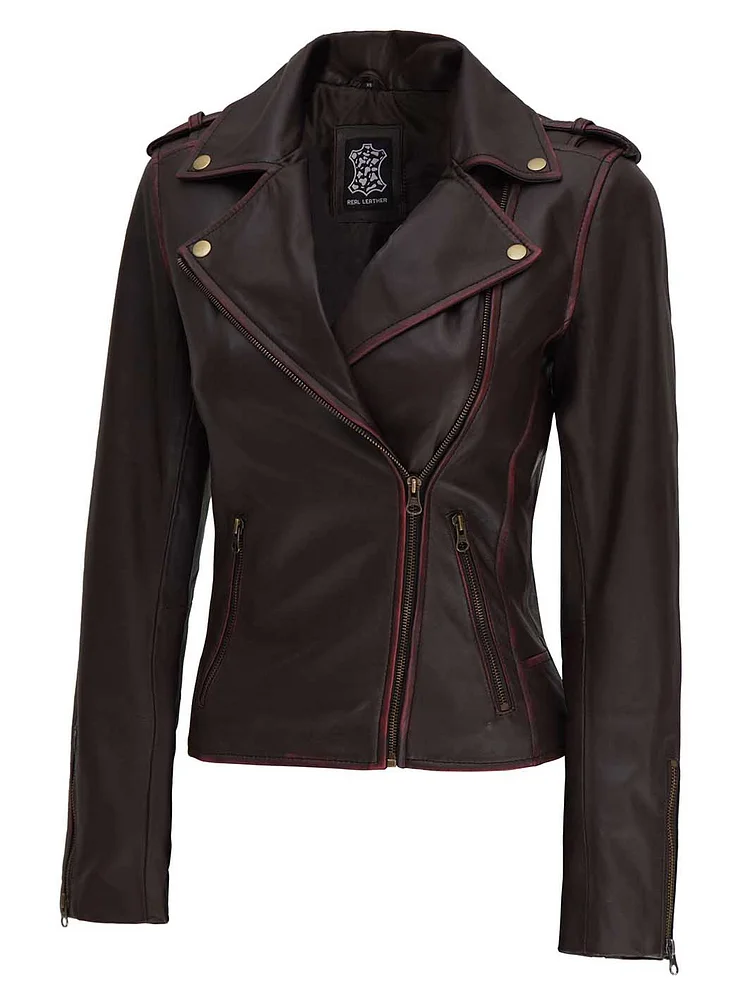 Kirsten Womens Dark Brown Asymmetrical Leather Biker Jacket QueenFunky