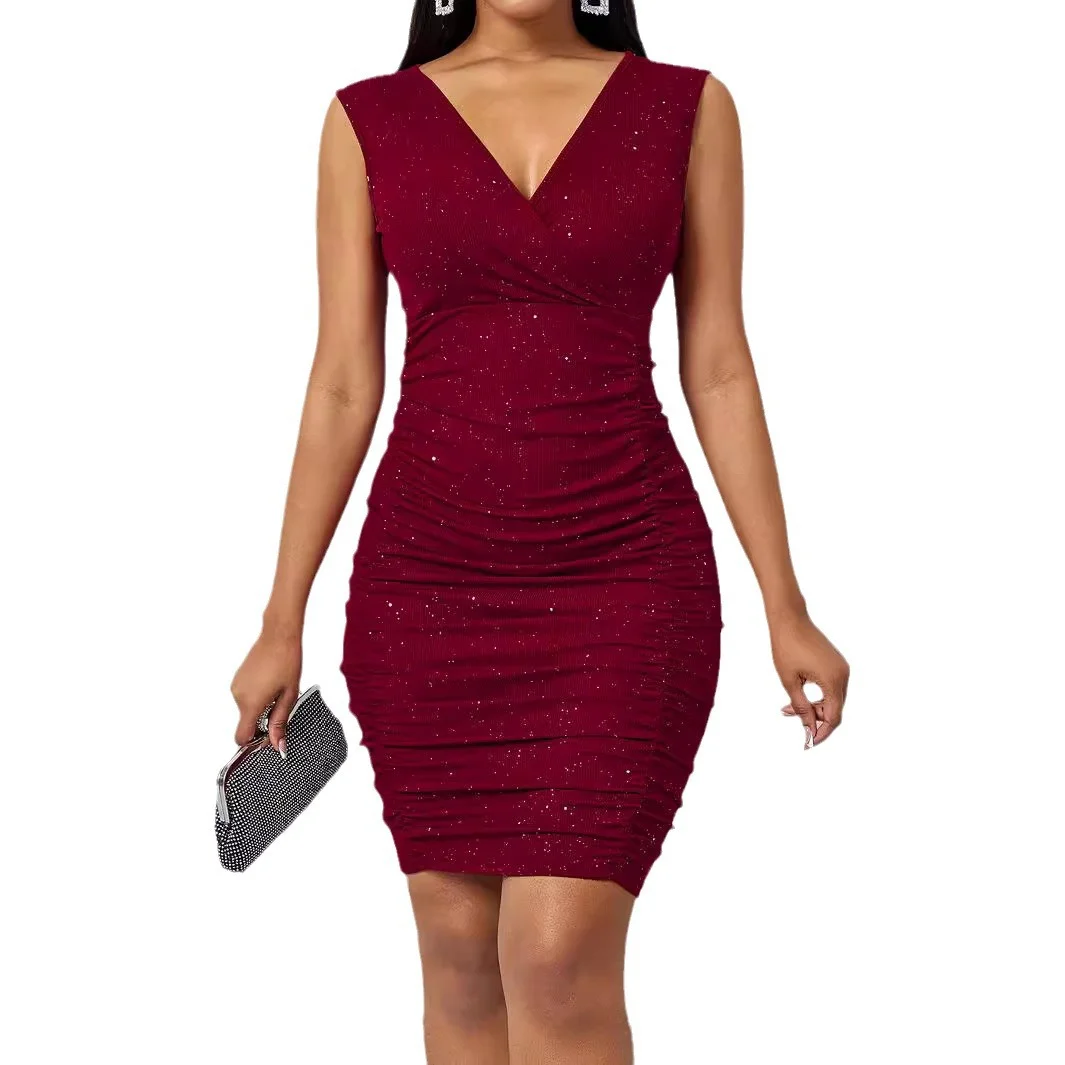 Uveng Uveng Solid-Color V-Neck Solid-Colored Sleeveless Sleeve-Less Sleeve-Bless Women's Dress