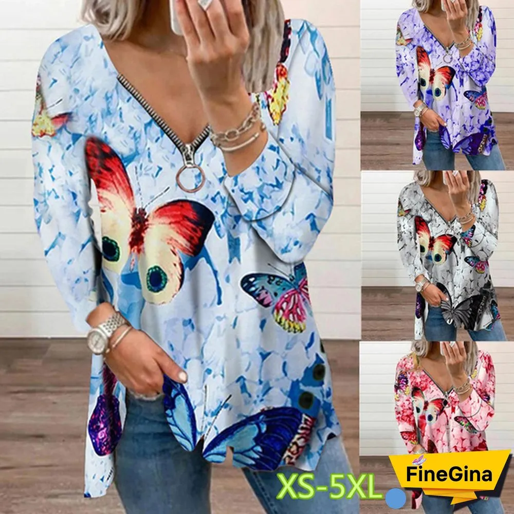 Spring and Early Autumn New Fashion Women's Butterfly Printed Casual Plus Size Long Sleeve Zipper V-neck Top Loose Soft and Comfortable Long Sleeve Bottoming Shirt XS-5XL