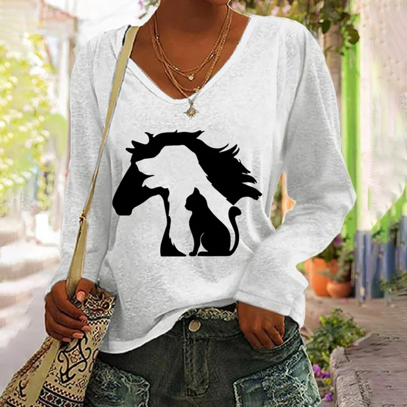 Funny Horse Dog Cat Print Long Sleeve T-Shirt wearshes