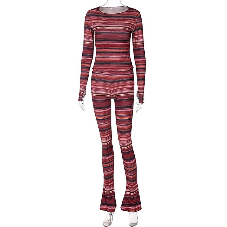 Hugcitar Bodycon Color Stripe Print Long Sleeve Crop Top High Waist Flare Leggings 2 Piece Set 2021 Women Fashion Tracksuit
