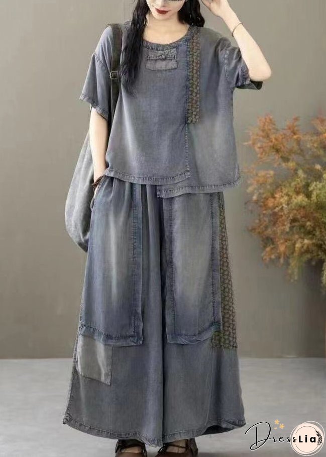 New Blue Pockets T Shirt And Wide Leg Pants Denim Two Pieces Set Summer