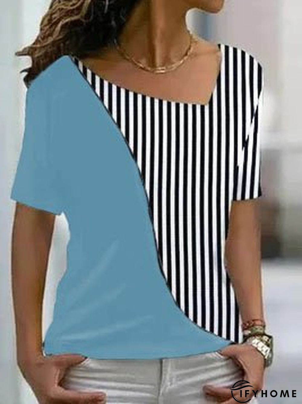 Cotton-Blend V Neck Striped T-Shirt | IFYHOME