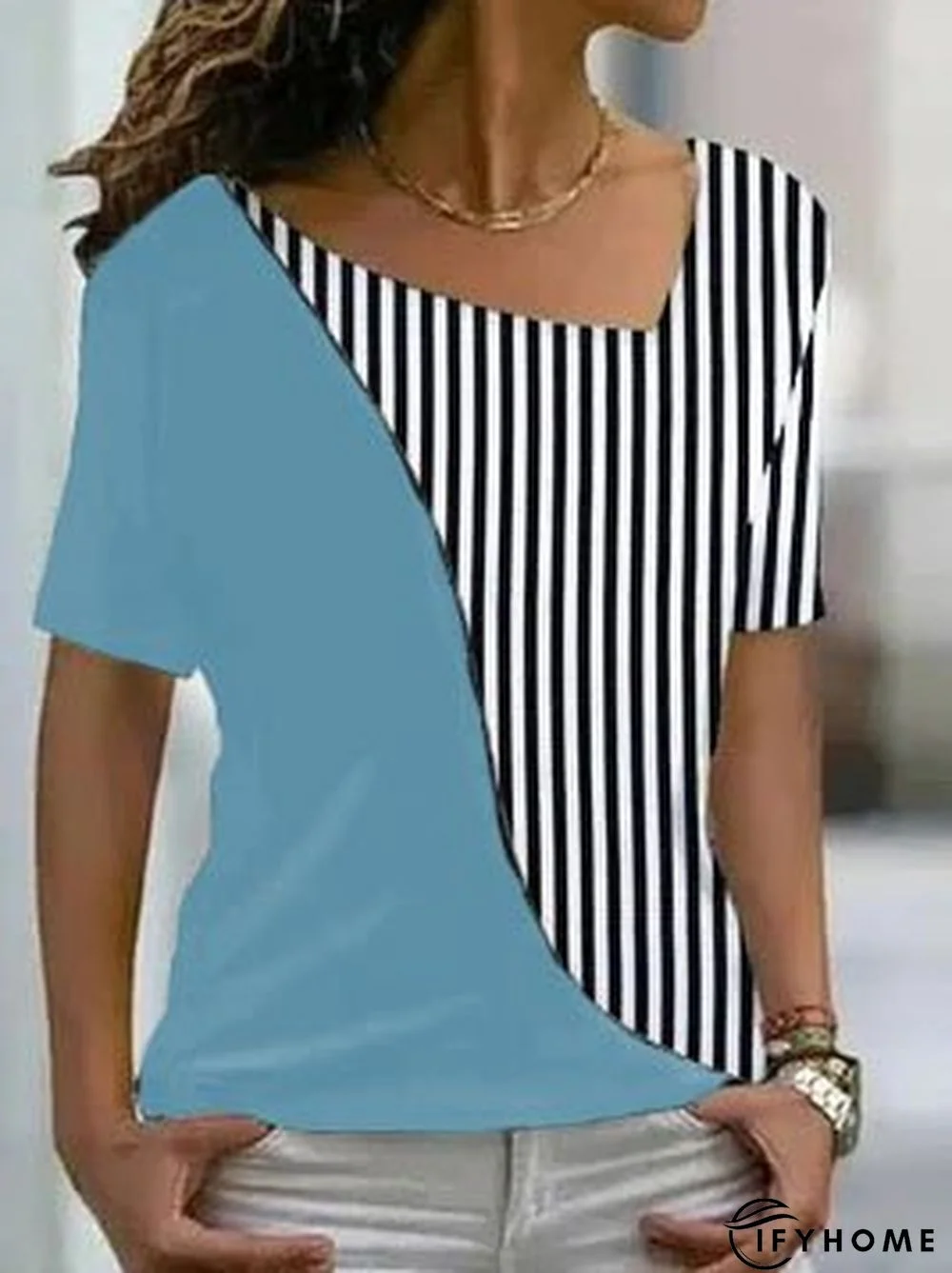 Cotton-Blend V Neck Striped T-Shirt | IFYHOME
