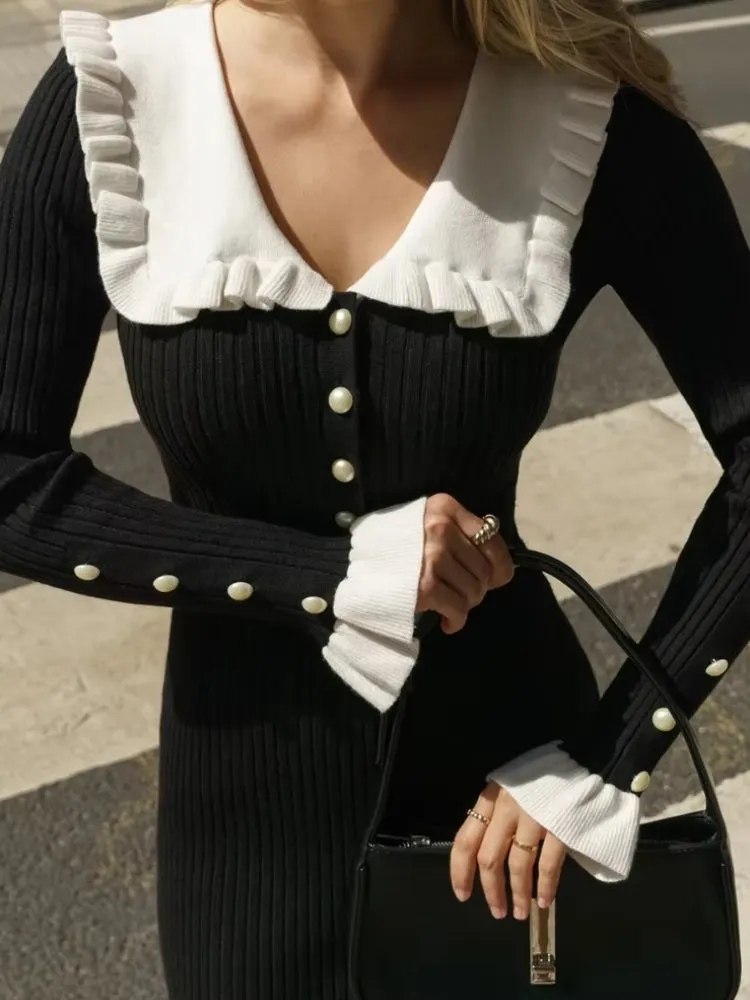 Brownm Pan Collar Ribbed Midi Dress
