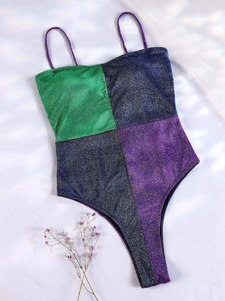 Patchwork One Piece Suits Sexy Swimsuits 2022 Women Swimwear String Beachwear Shiny Bathing Suit Summer One Piece Swimsuit